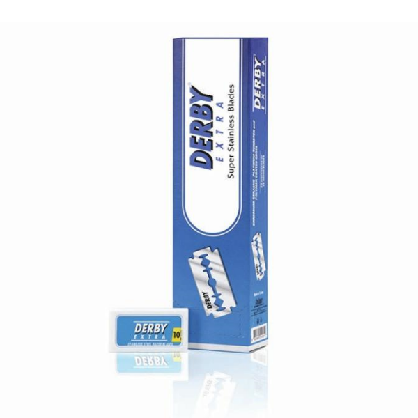 Packaging for Derby Extra Double Edge Super Stainless Razor Blades, showing the box and individual blades.