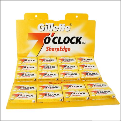Pack of Gillette 7 O'Clock SharpEdge double edge razor blades with yellow packaging.