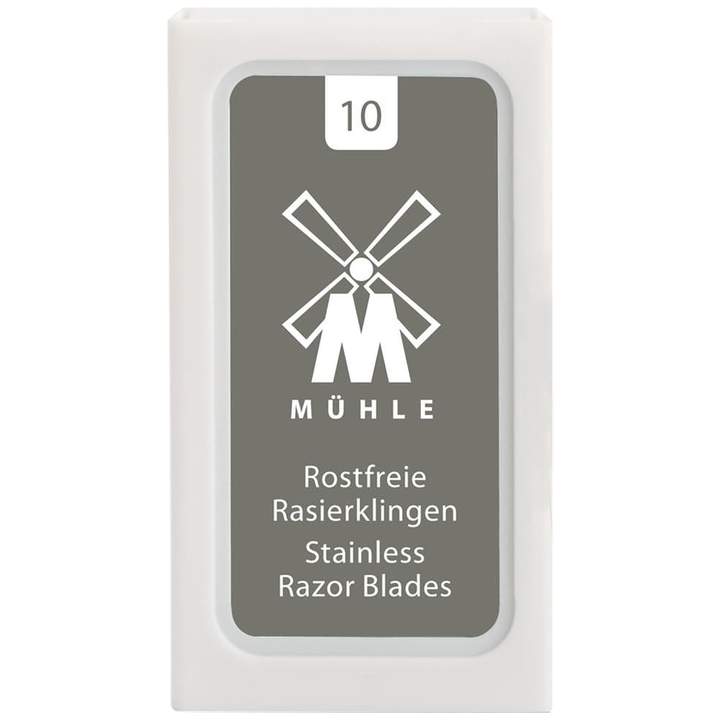 Packaging for MÜHLE stainless steel double edge blades, with 10 individually wrapped blades shown on the front.